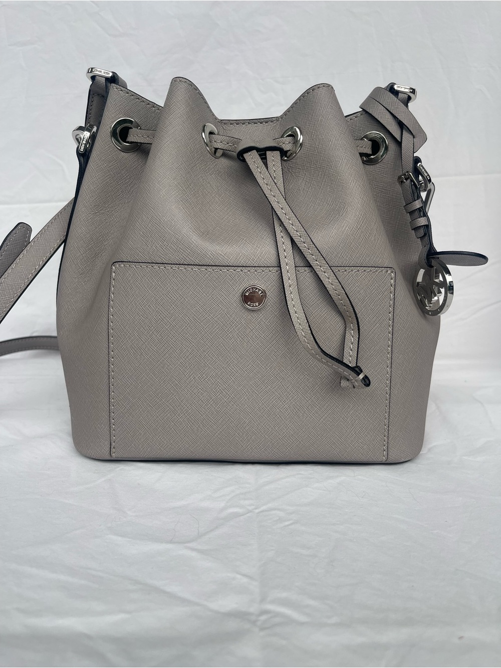 Michael Kors Light Gray Saffiano Leather Drawstring Bucket Crossbody